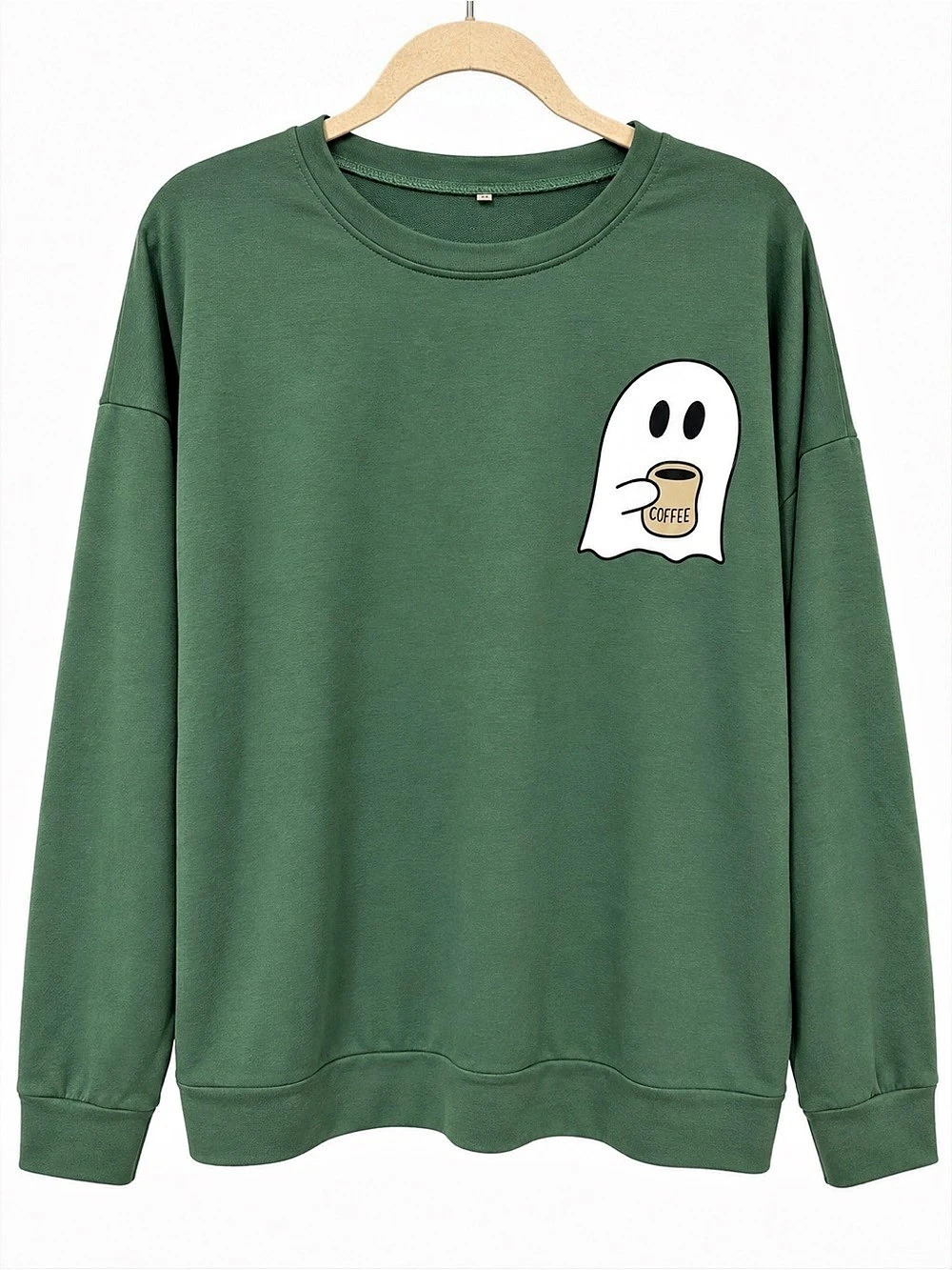 Oversized Green Ghost Coffee Graphic Crewneck Sweatshirt XL Halloween Fall